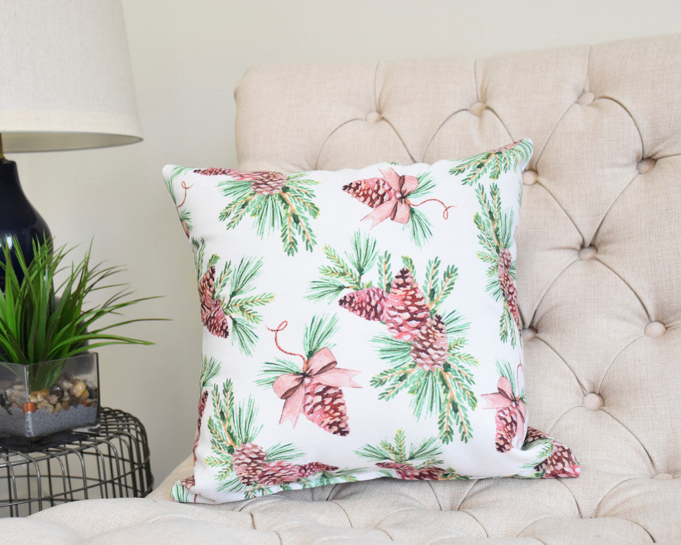 Greenery 20" Off White Holiday Print Decorative Throw Pillow
