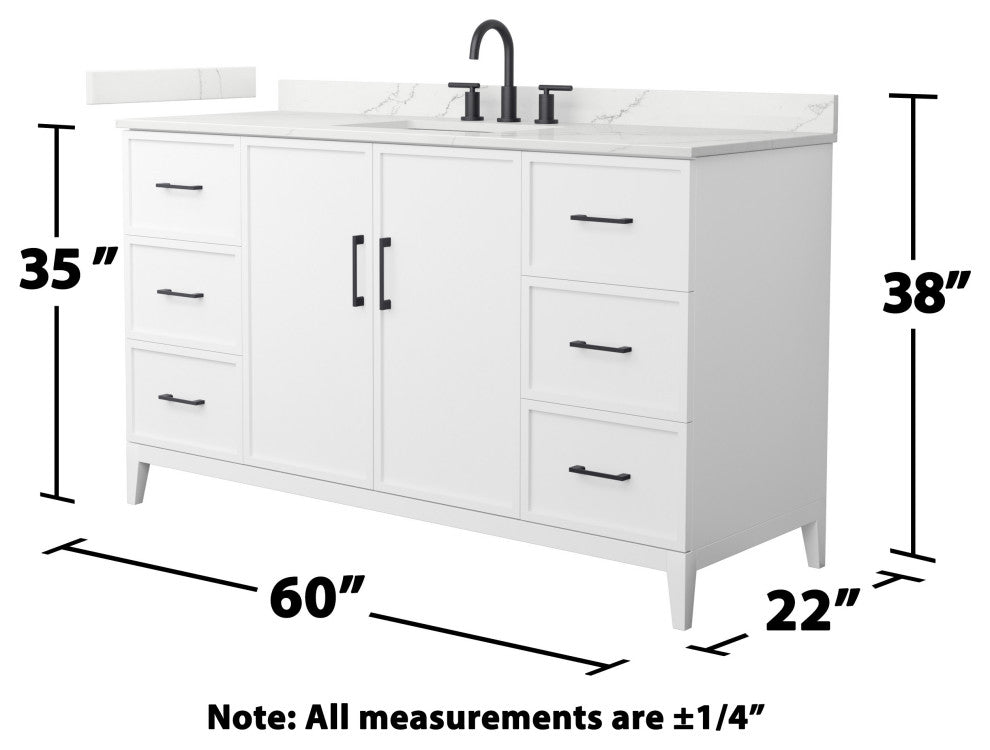 Elan 60" Single Vanity, White, Giotto Quartz Top, 3-Hole, Black Trim
