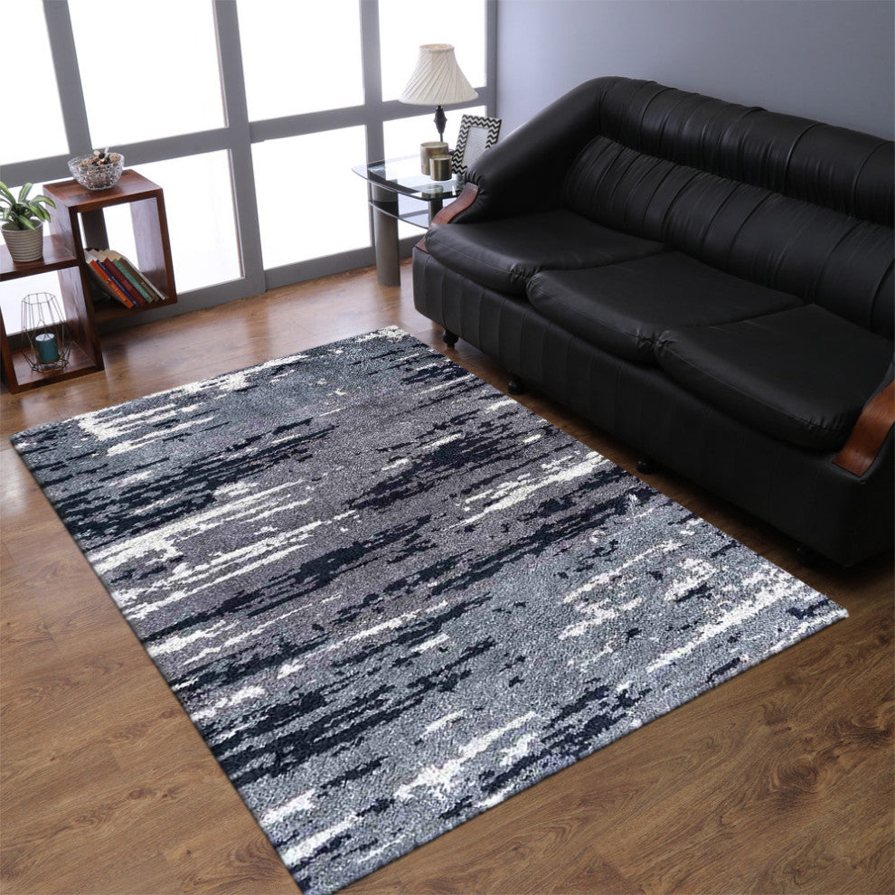 Hand Knotted Silk Area Rug Abstract Gray White