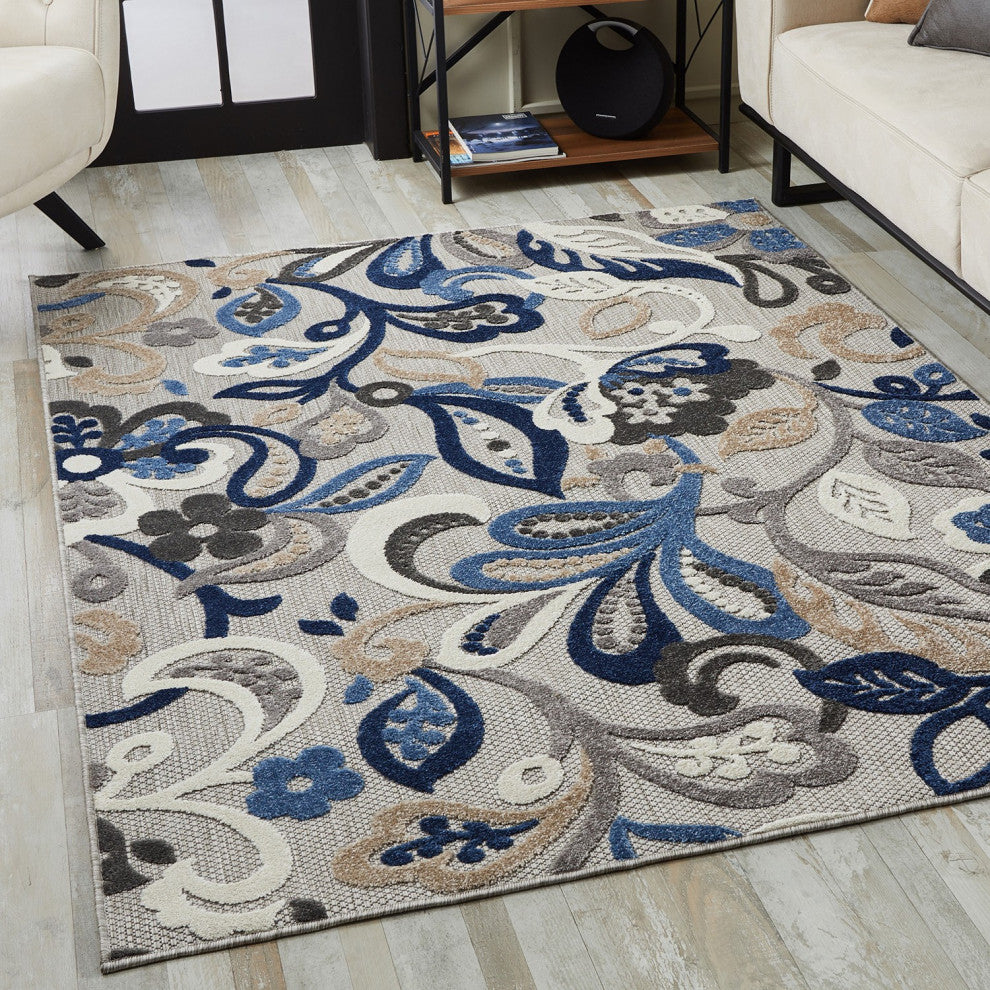 5"x7" Blue Gray Jacobean Floral Indoor Outdoor Area Rug