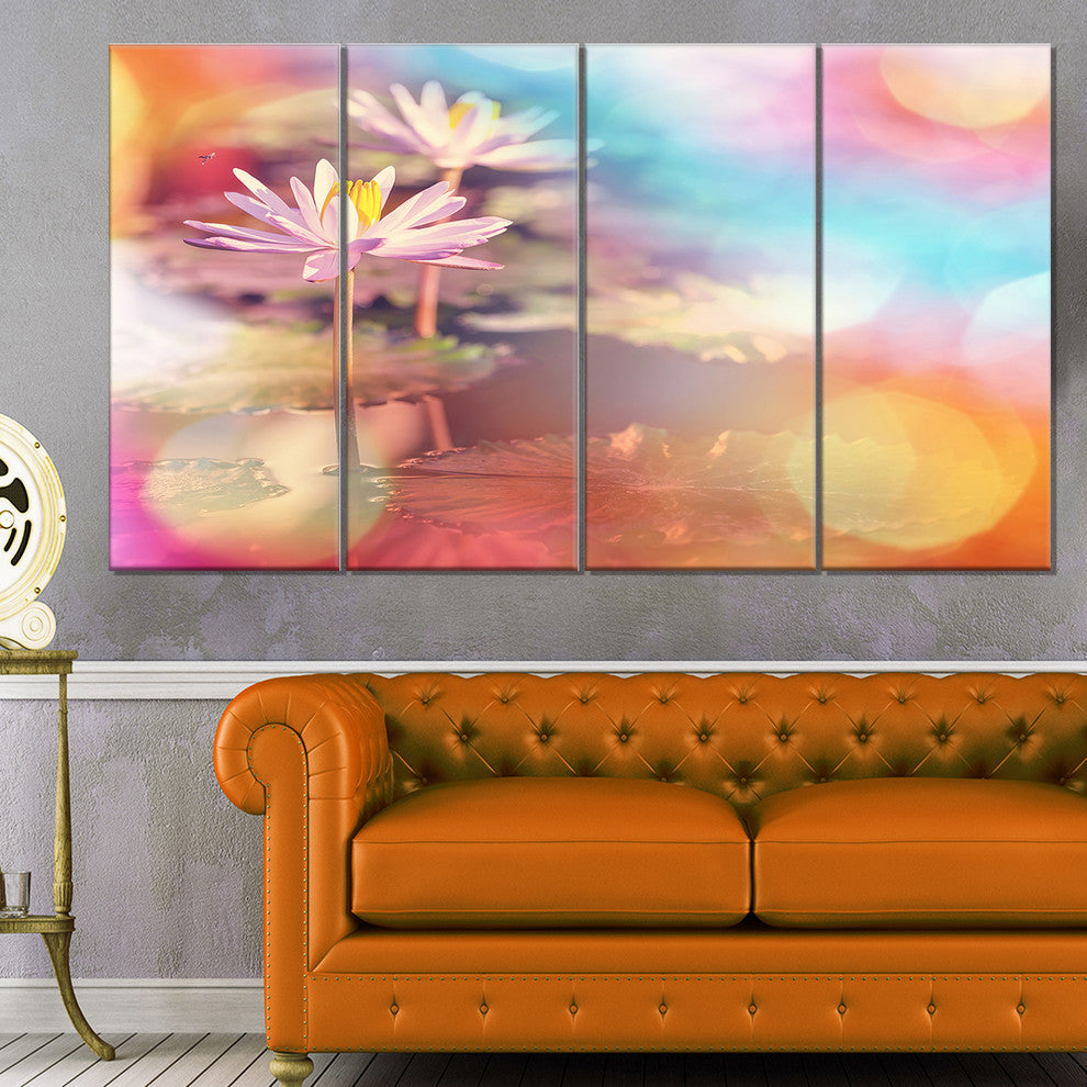 Lotus on Abstract Background, Floral Canvas Art Print, 48"x28", 4 Panels