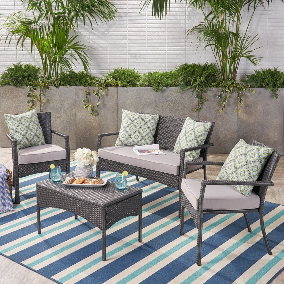 GDF Studio Bryson Outdoor Wicker 4 Seater Chat Set, Gray With Silver Cushions
