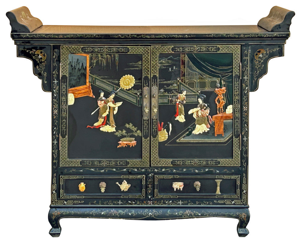Vintage Chinoiseries Black Stone Inlay Graphic Credenza Storage Cabinet Hws4256