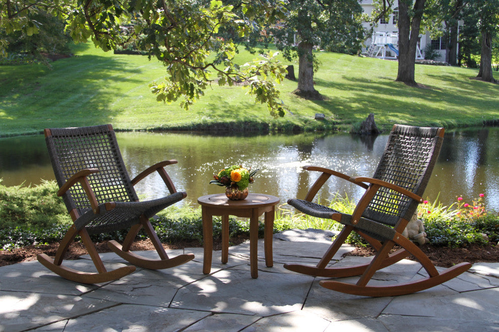 Eucalyptus and Grey Rope Rocking Chairs With Round Accent Table
