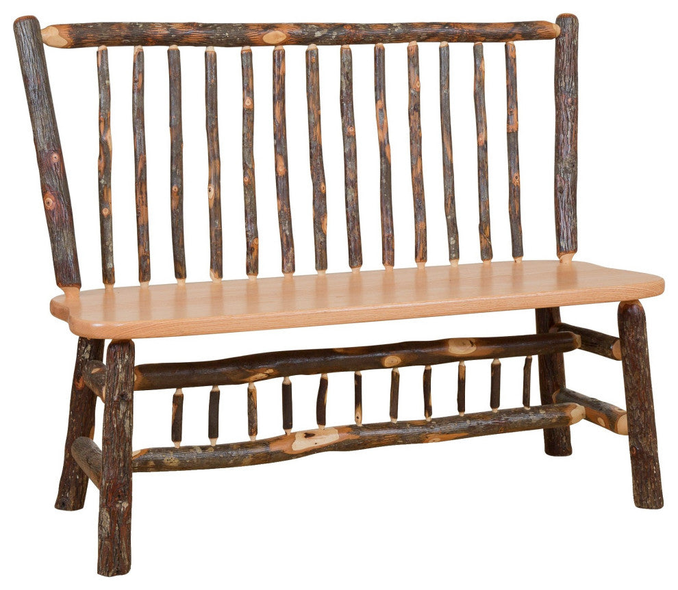 Hickory Log Stick-Back Bench, Hickory & Oak, 4 Foot, No Arms