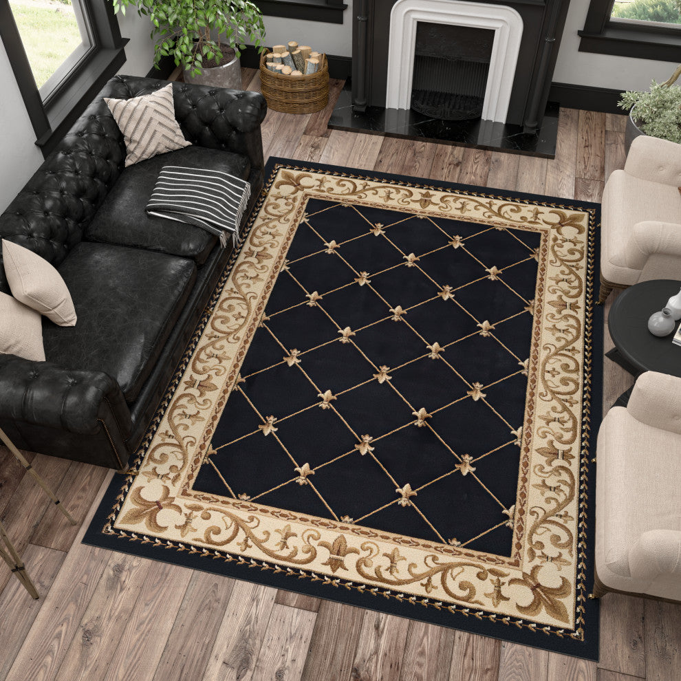 Orleans Traditional Border Area Rug, Black, 6'7" X 9'6"