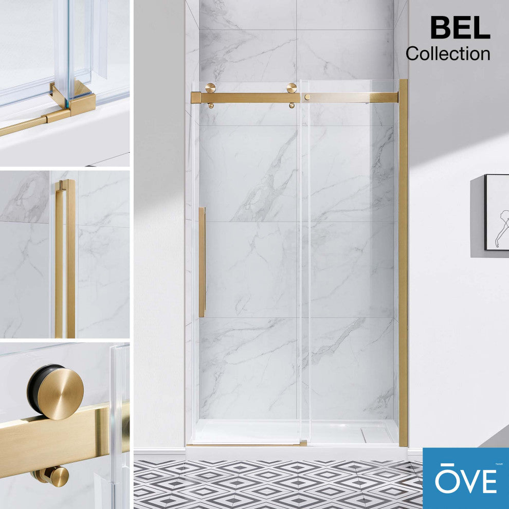 Bel Soft-Close Frameless Sliding Soft Close Shower Door, Gold, 48"