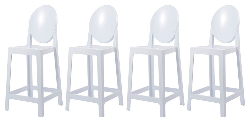 Designer Counter Height Stool With Solid High Back Side Chair Footrest, White, Set of 4