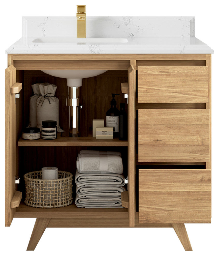 Madison Teak 36 Left Offset Bath Vanity in Light Natural 1.5" Empira Quartz