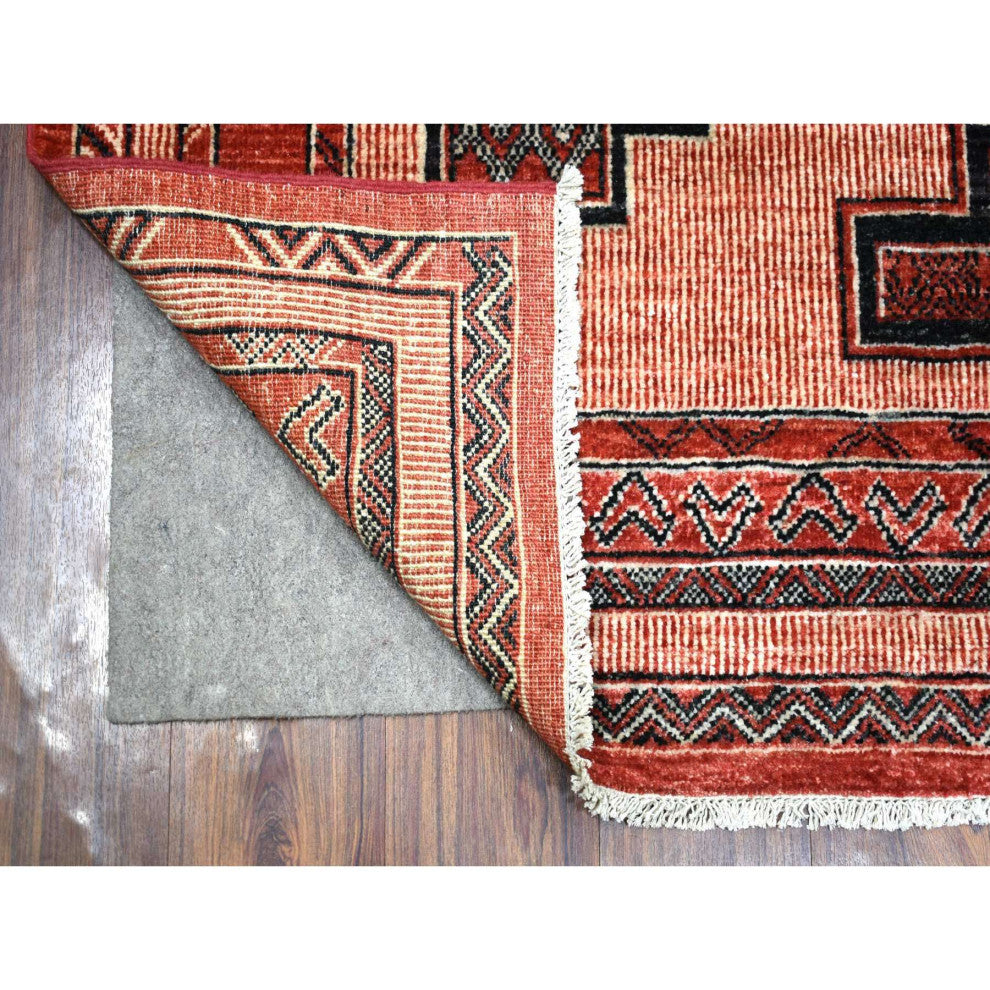 Red Peshawar Berber Motifs Pop of Color Pure Wool Hand Knotted Rug, 5'10"x8'10"