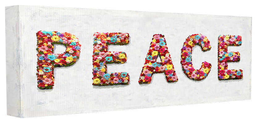 Peace Floral Bush Shapes Lettered Painted Typography Stretched Canvas, 13"x30"