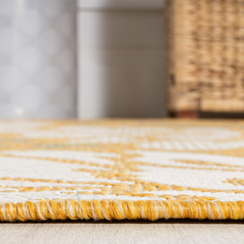 Zinnia Modern Floral Textured Weave Indoor/Outdoor, Yellow/Cream, 2x8