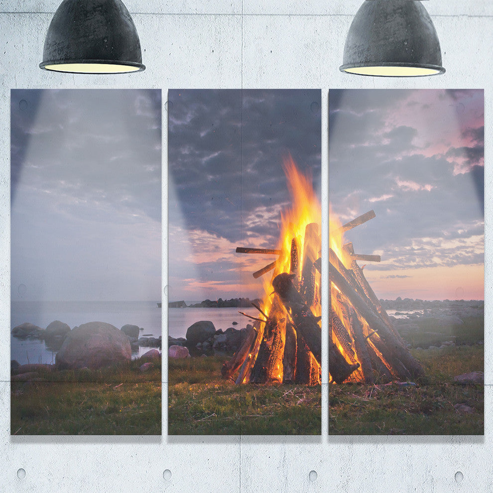 "Bonfire on Beach in Summer Night" Metal Wall Art, 3 Panels, 36"x28"