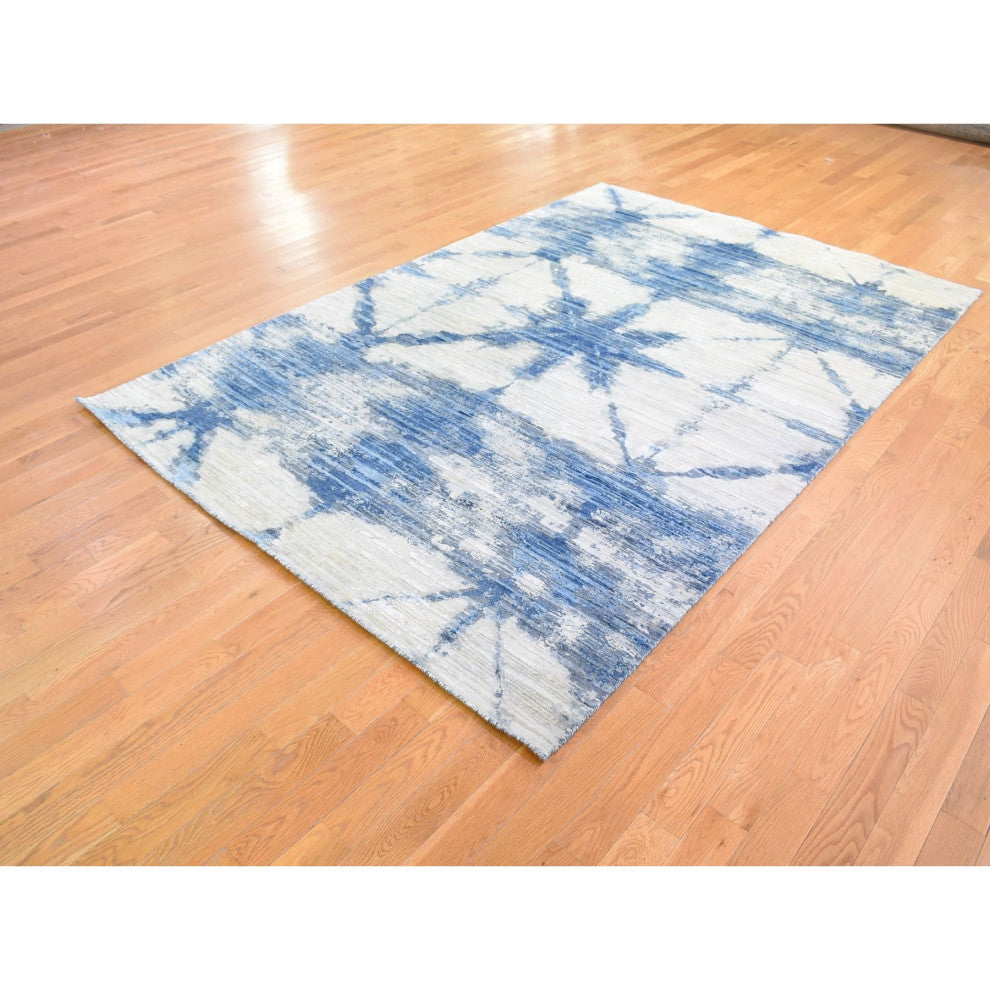 Blue and White Modern Hand Knotted Pure Silk and Textured Wool Rug, 6'1" x 9'1"