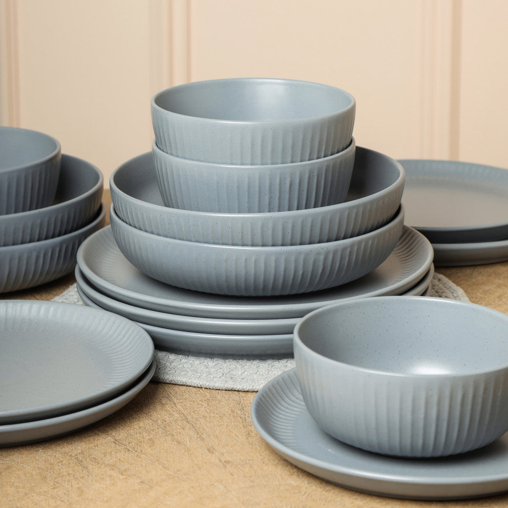 Stone Lain Logan Stoneware 16 Piece Dinnerware Set With Pasta Bowls, Grey