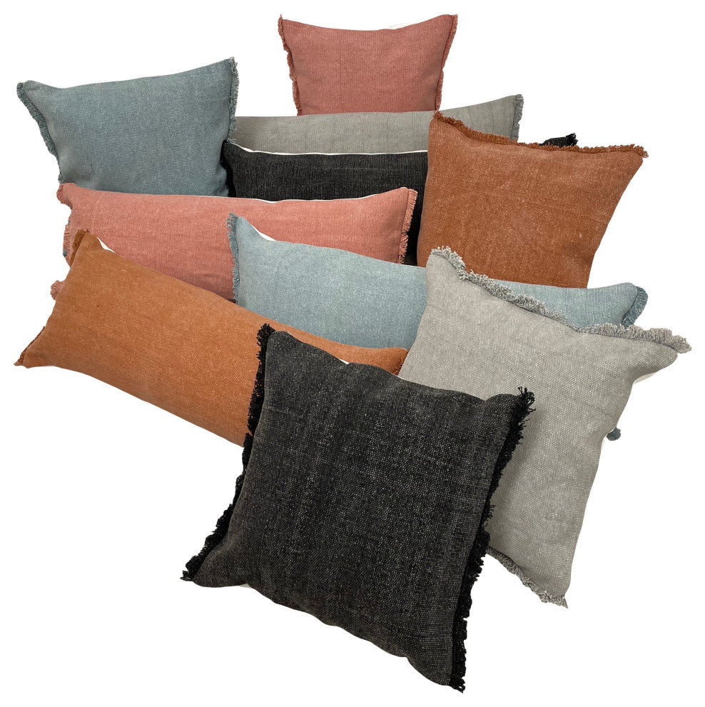 Adobe Brown Solid Stonewash Throw Pillow With Fringe, Adobe, 14"x36", Poly Fill