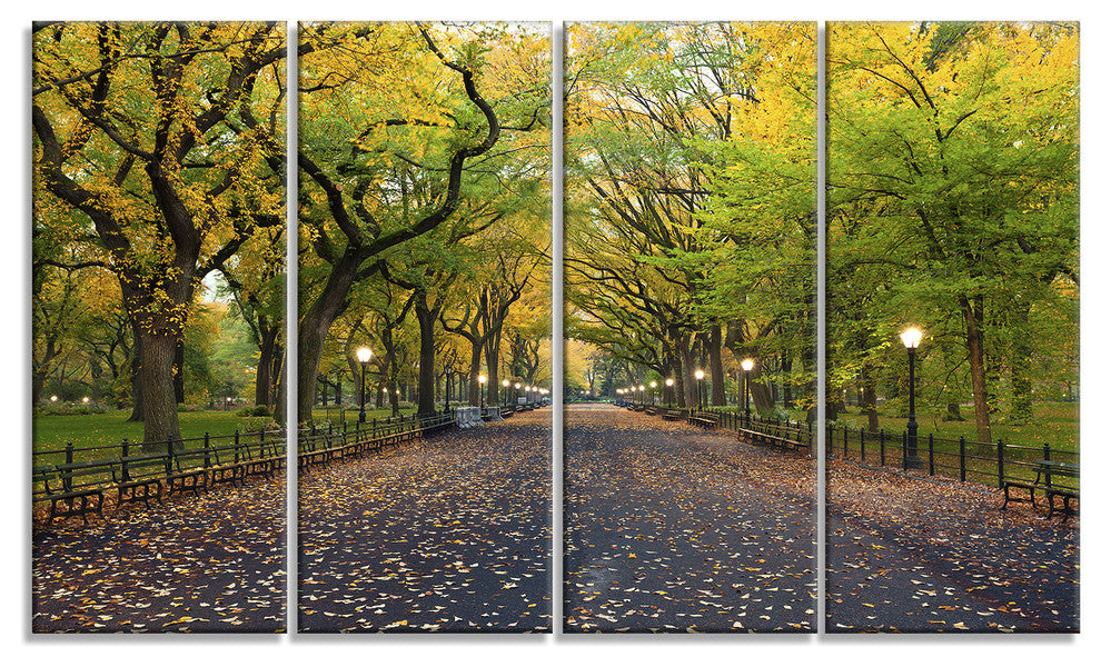 The Mall Area in Central Park, Large Landscape Canvas Art, 48"x28", 4 Panels