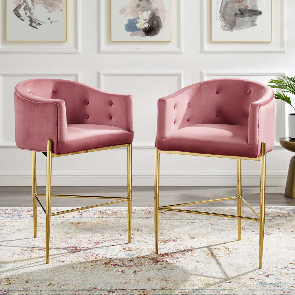 Tufted Bar Stool Chair Barstool, Set of 2, Velvet, Metal, Pink, Modern, Bar Pub
