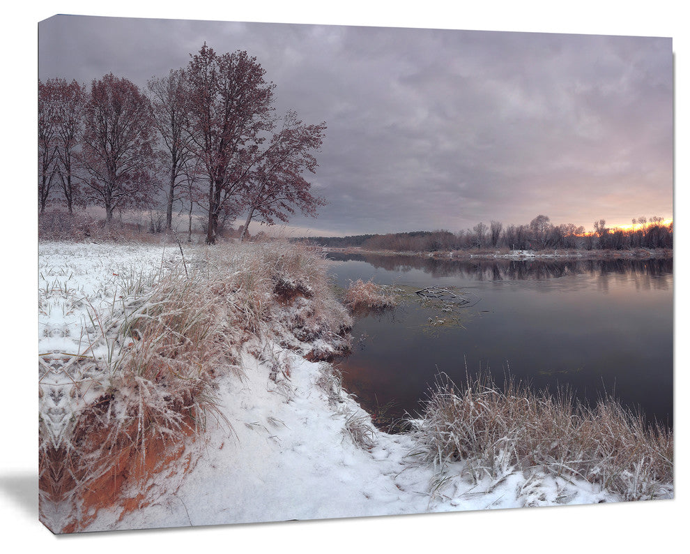 Winter River in Dark Morning, Oversized Seashore Wall Art on Canvas, 60x40