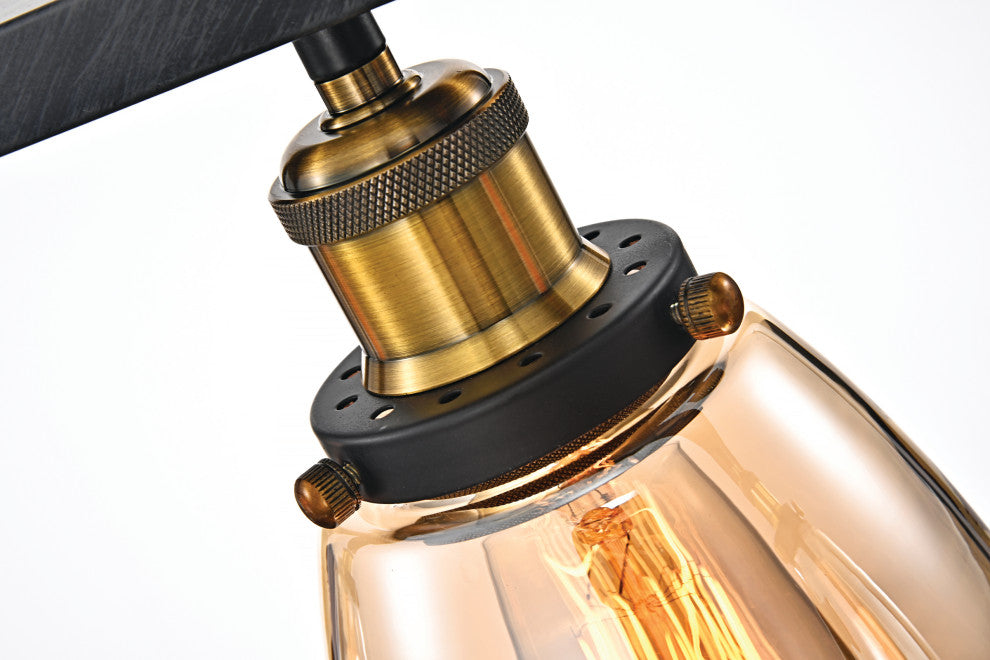 4-Light Antique Black Downlight Linear Kitchen Chandelier With Amber Glass
