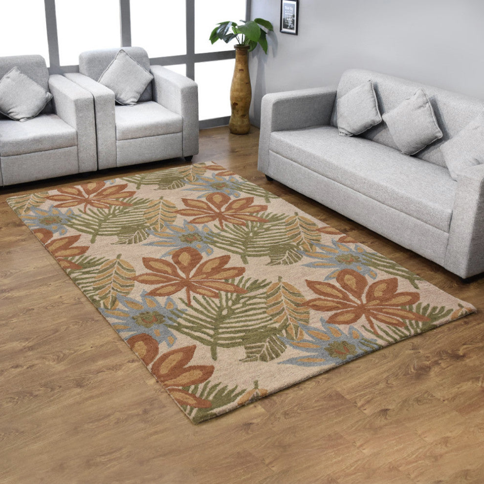 HAND TUFTED WOOL ECO-FRIENDLY AREA RUGS - Rectangle,Cream,Floral