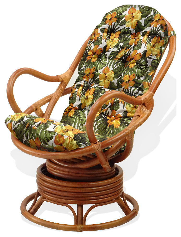 Java Lounge Swivel Rocking Rattan Wicker Chair Colonial, Floral Cushion