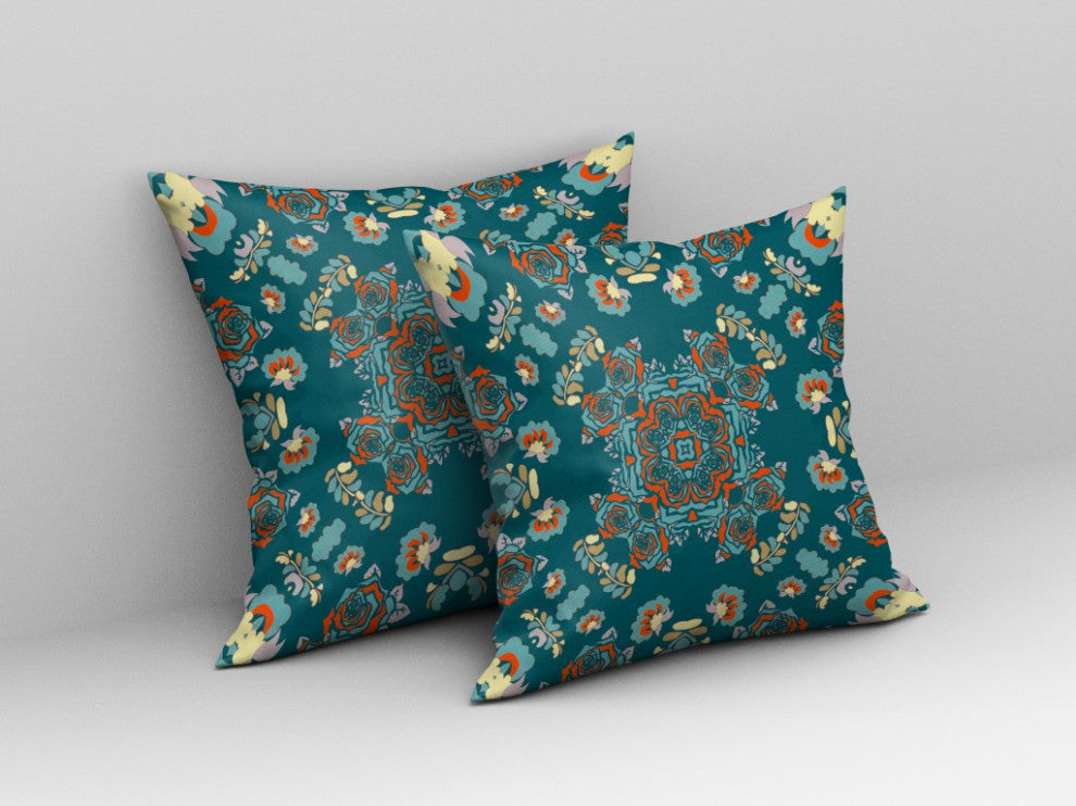 20" Teal Orange Wreath Indoor Outdoor Zippered Throw Pillow