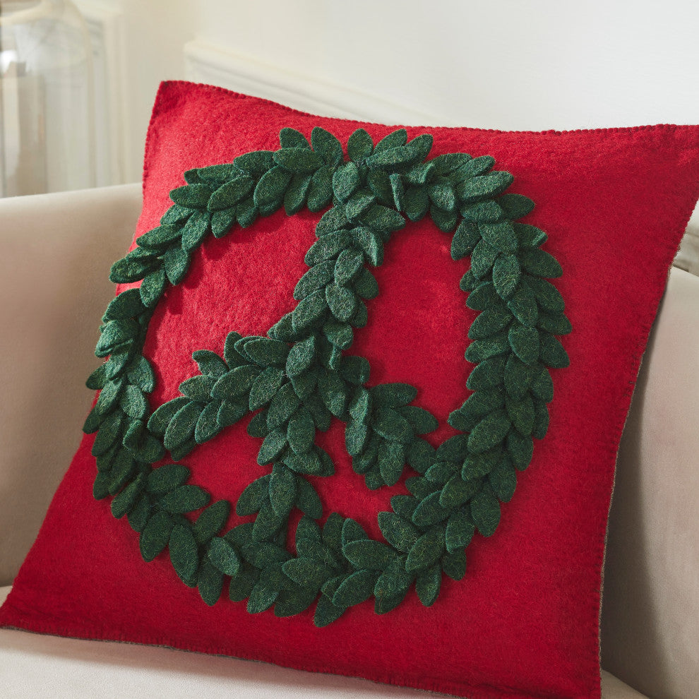 Hand Felted Wool Pillow Green Peace Sign on Red 20