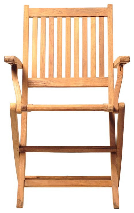 Set of 2 Folding Chair, Teak Wood Construction With Slatted Seat & Arms, Natural
