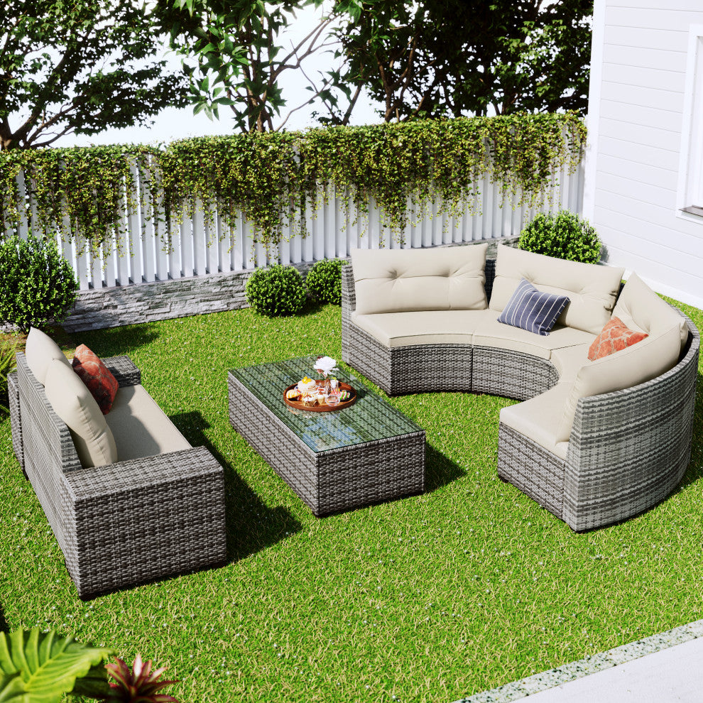 8 Pieces Outdoor Wicker Curved Patio Sectional with Coffee Table and Cushions, Beige