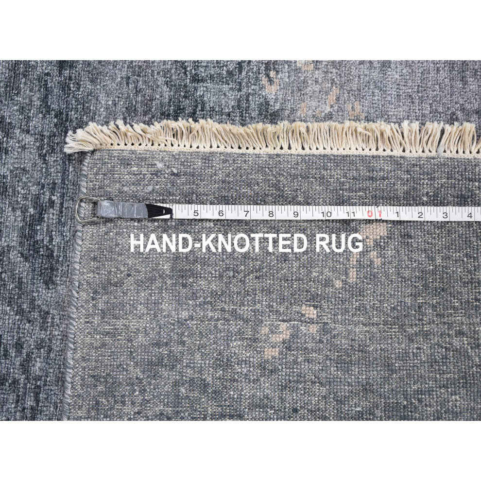 Dark Gray Hand Knotted Art Silk Modern Wide Runner Oriental Rug, 3'0"x11'9"