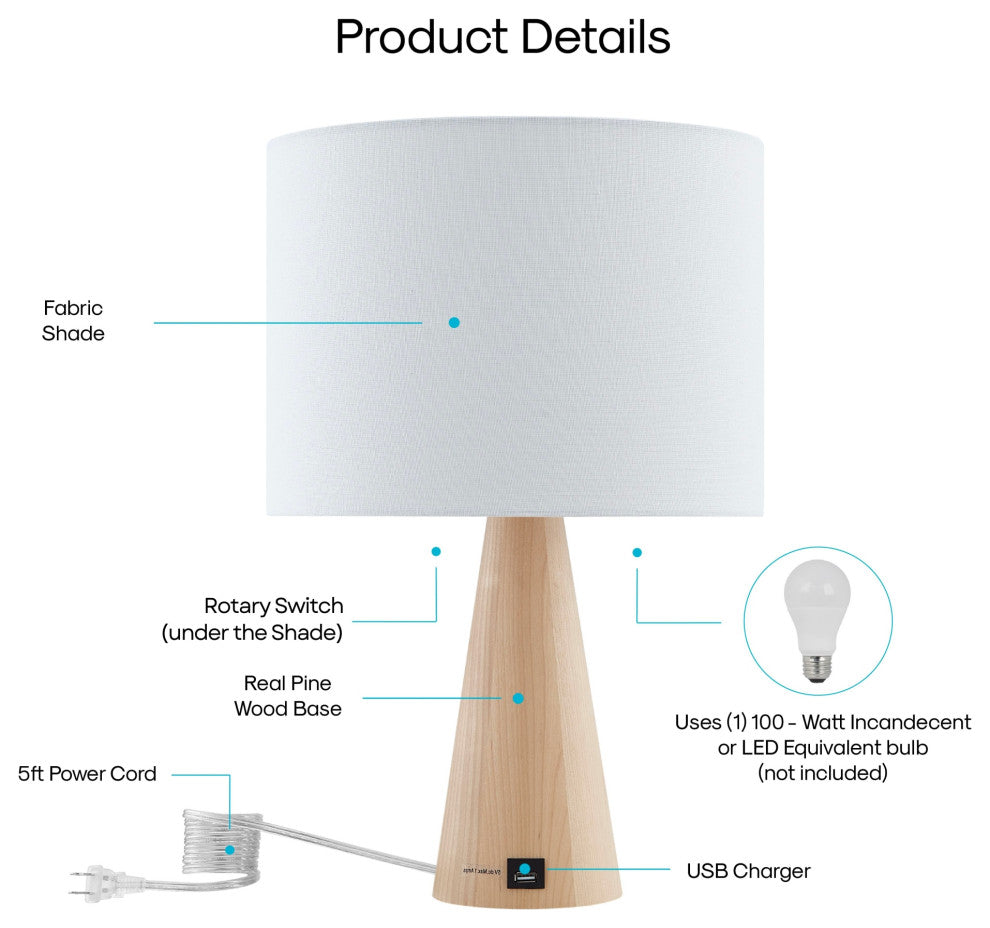 Inspired Home Ileana Table Lamp, USB Charger, White