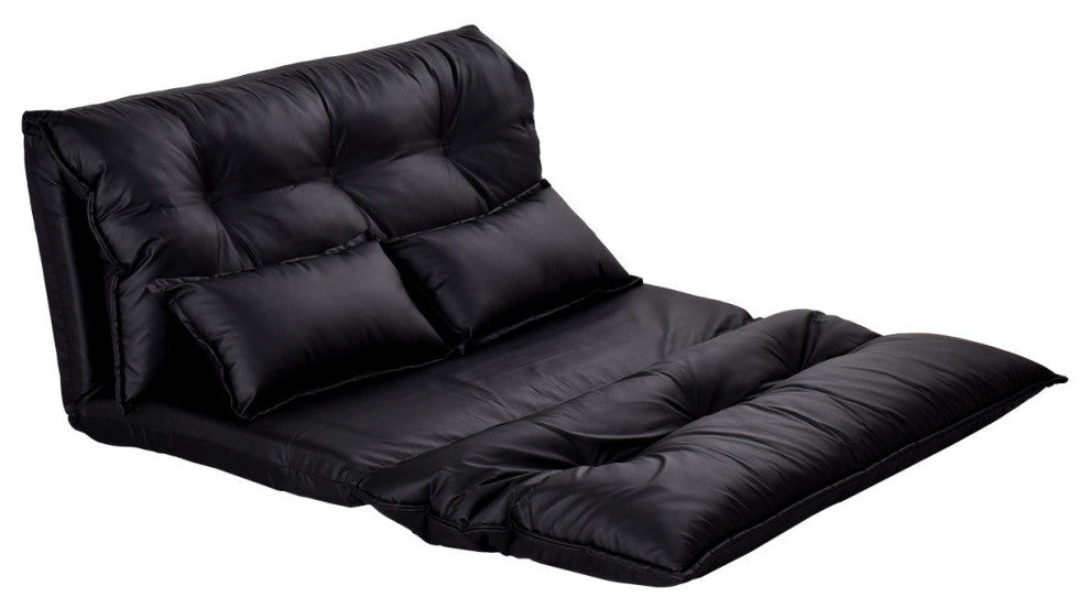 Costway PU Leather Foldable Modern Floor Sofa Bed Video Gaming 2 Pillows Black