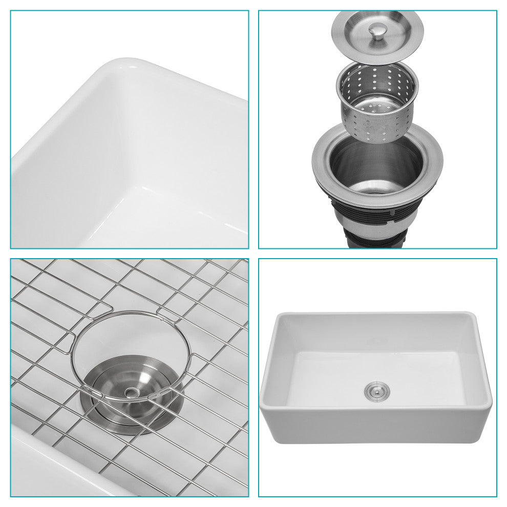 White Ceramic 30 in. Single Bowl Farmhouse Apron Kitchen Sink with Bottom Grid, 30"x20"