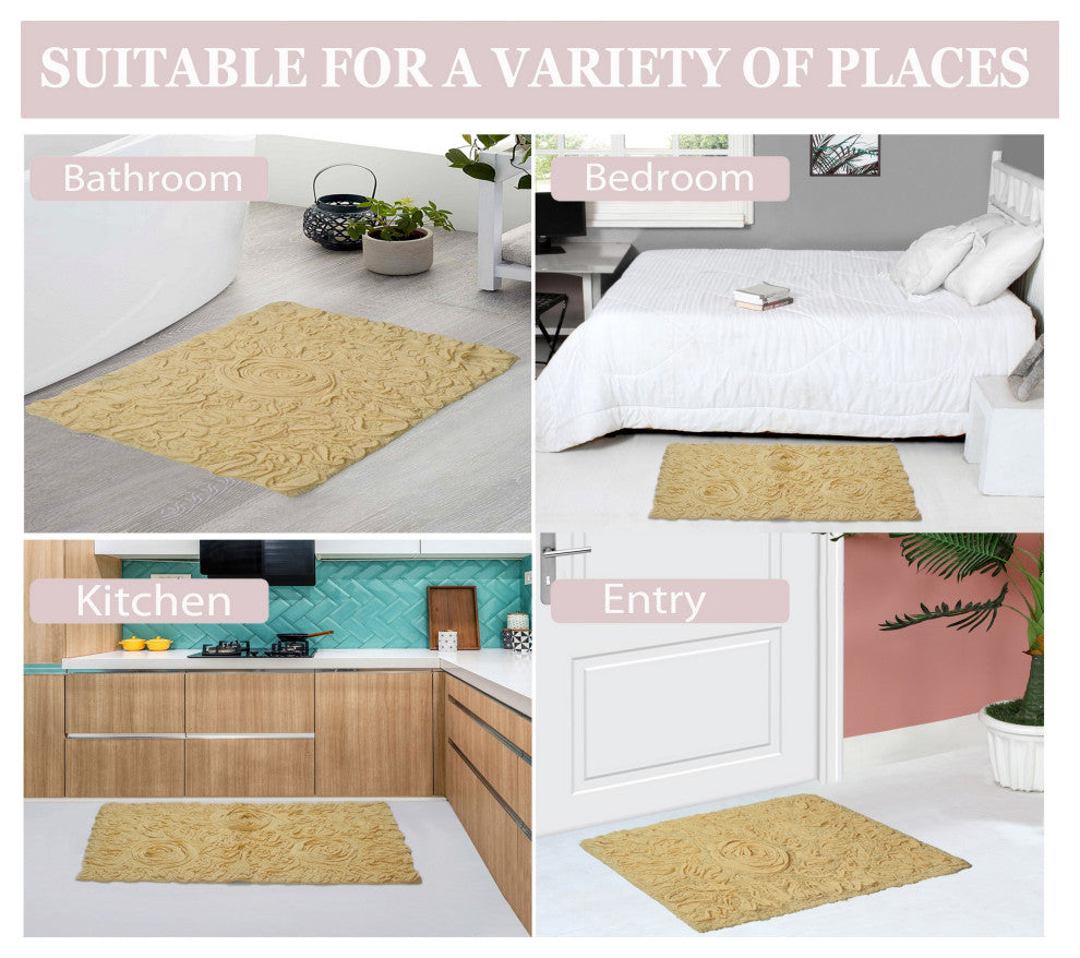 Bell Flower Collection Tufted Bath Rugs, 2 Piece Set, Yellow