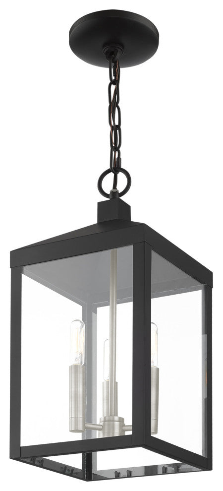 Livex Nyack 3 Light Black/Brushed Nickel Cluster Medium Outdoor Pendant Lantern