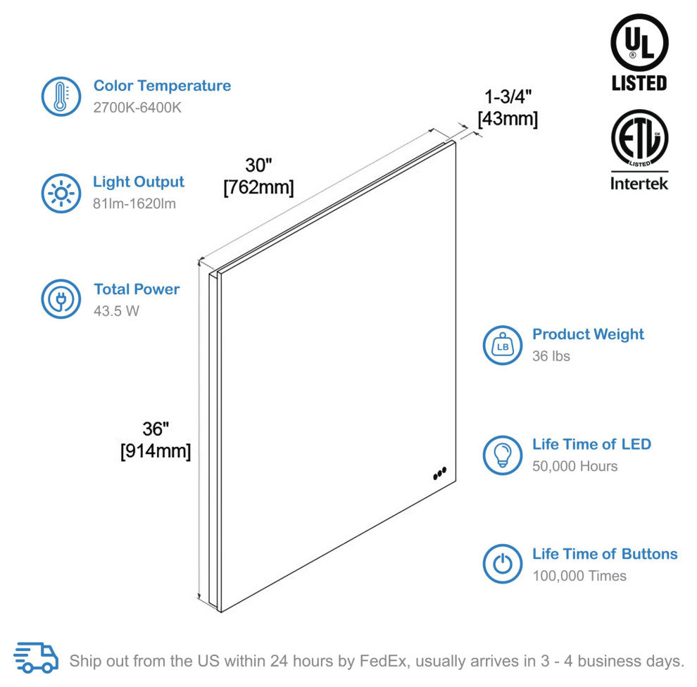 Fogless, Dimmable, Color Temperature Adjustable LED Mirror, 30x36