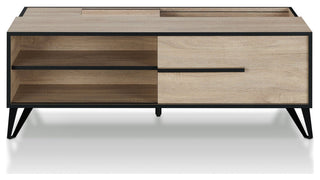 Natural Oak Coffee Table with Black Metal Legs and Hidden Storage Shelves