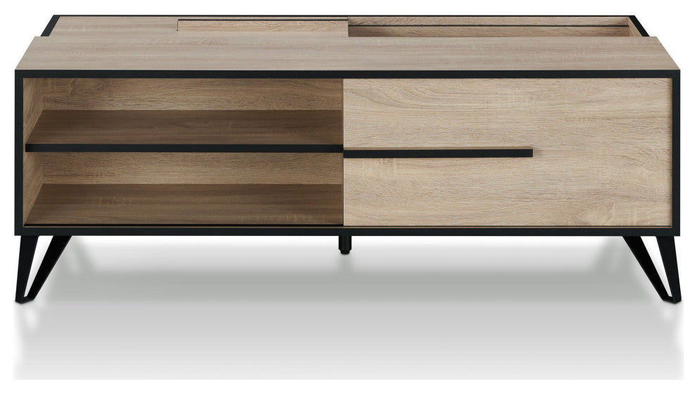 Natural Oak Coffee Table with Black Metal Legs and Hidden Storage Shelves