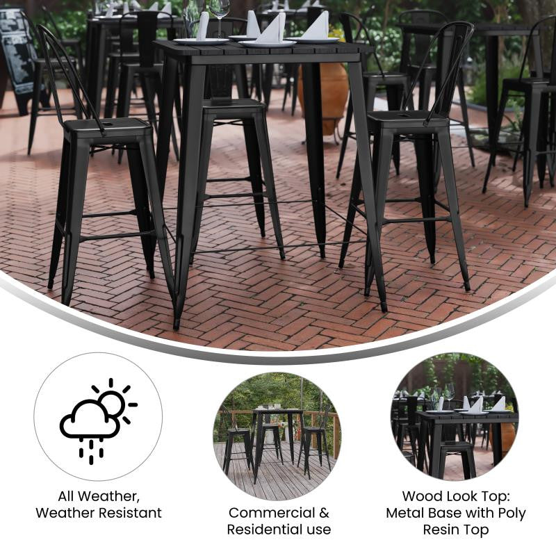 Declan Commercial Indoor/Outdoor Bar Top Square Table, 31.5", Black