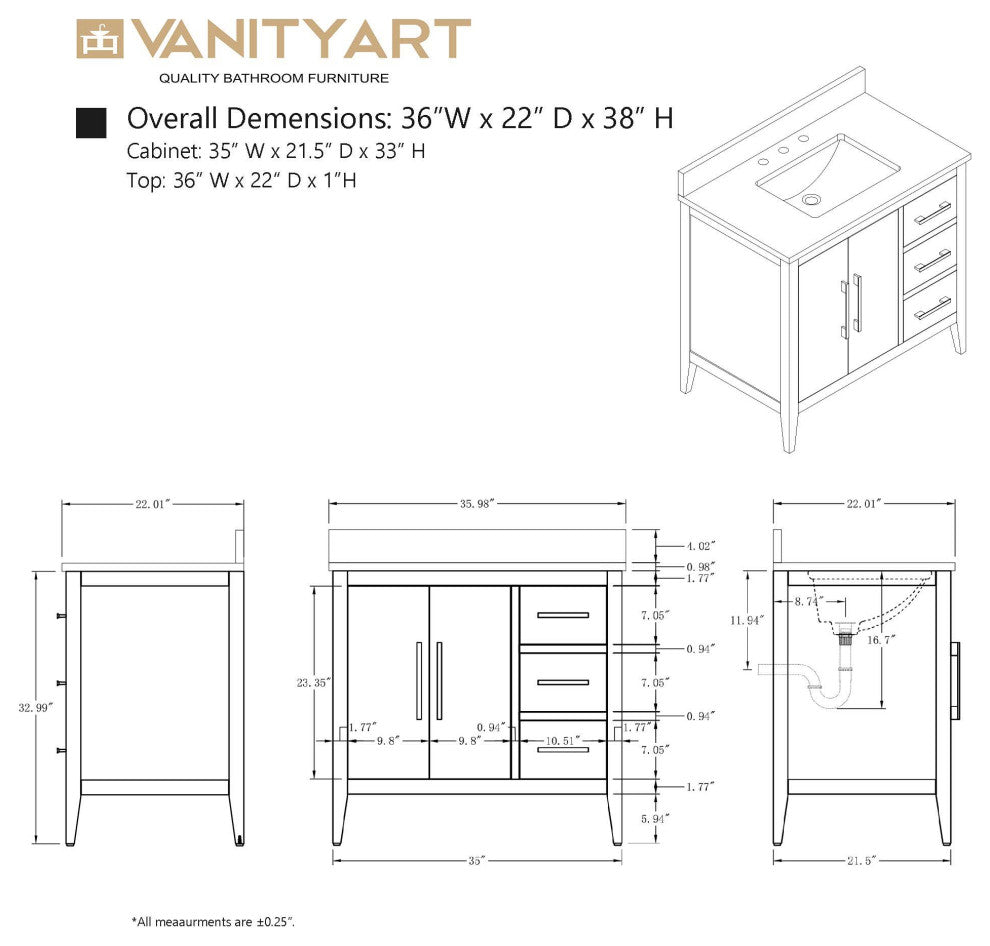 Vanity Art Bathroom Vanity With Sink, White, 36", Single Sink, Matte Black