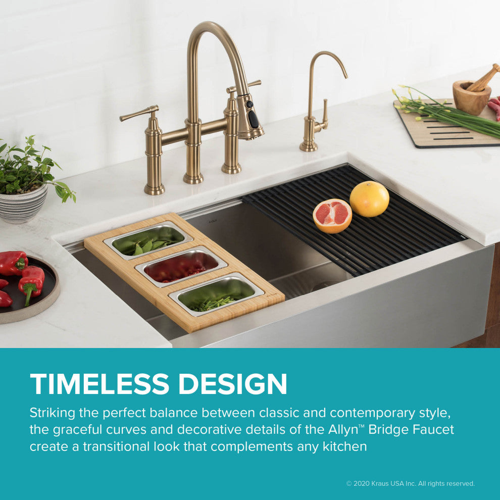 Allyn Traditional 3-Function Bridge Pull-Down Kitchen Faucet Brushed Gold