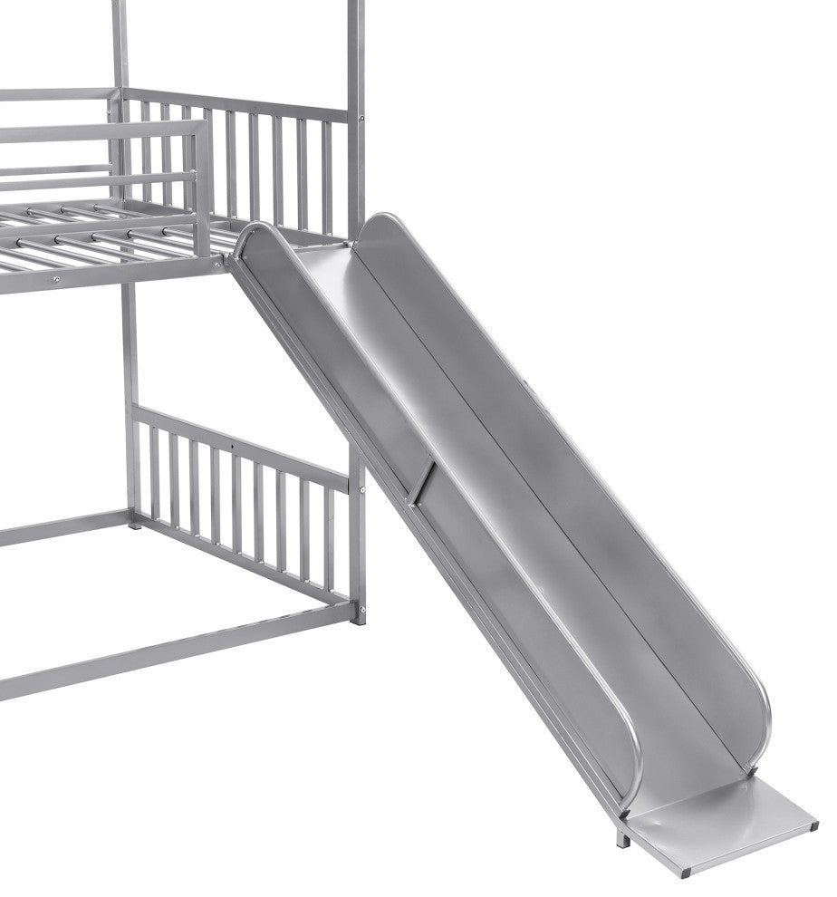 Gewnee Twin over Twin Metal Bunk Bed House Bed with Slide and Staircase