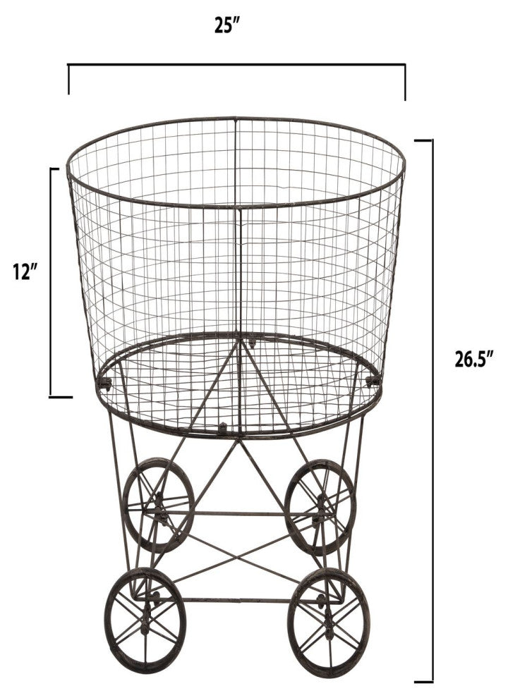 Vintage Metal Laundry Basket With Wheels, Black