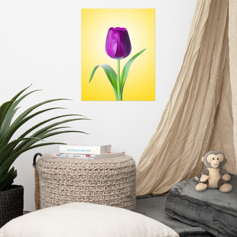 Purple Tulip on Yellow Minimal Floral Nature Photo Loose Wall Art Print, 16" X 20"