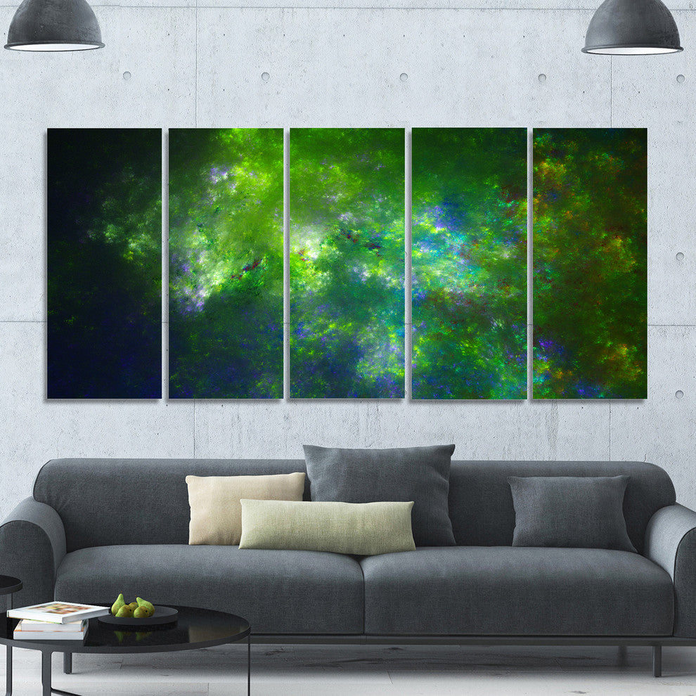 Green Fractal Sky with Blur Stars, Abstract Canvas Art Print, 60"x28", 5 Panels