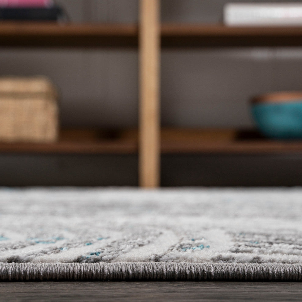 Timeworn Modern Abstract Area Rug, Gray/Turquoise, 2'x8'