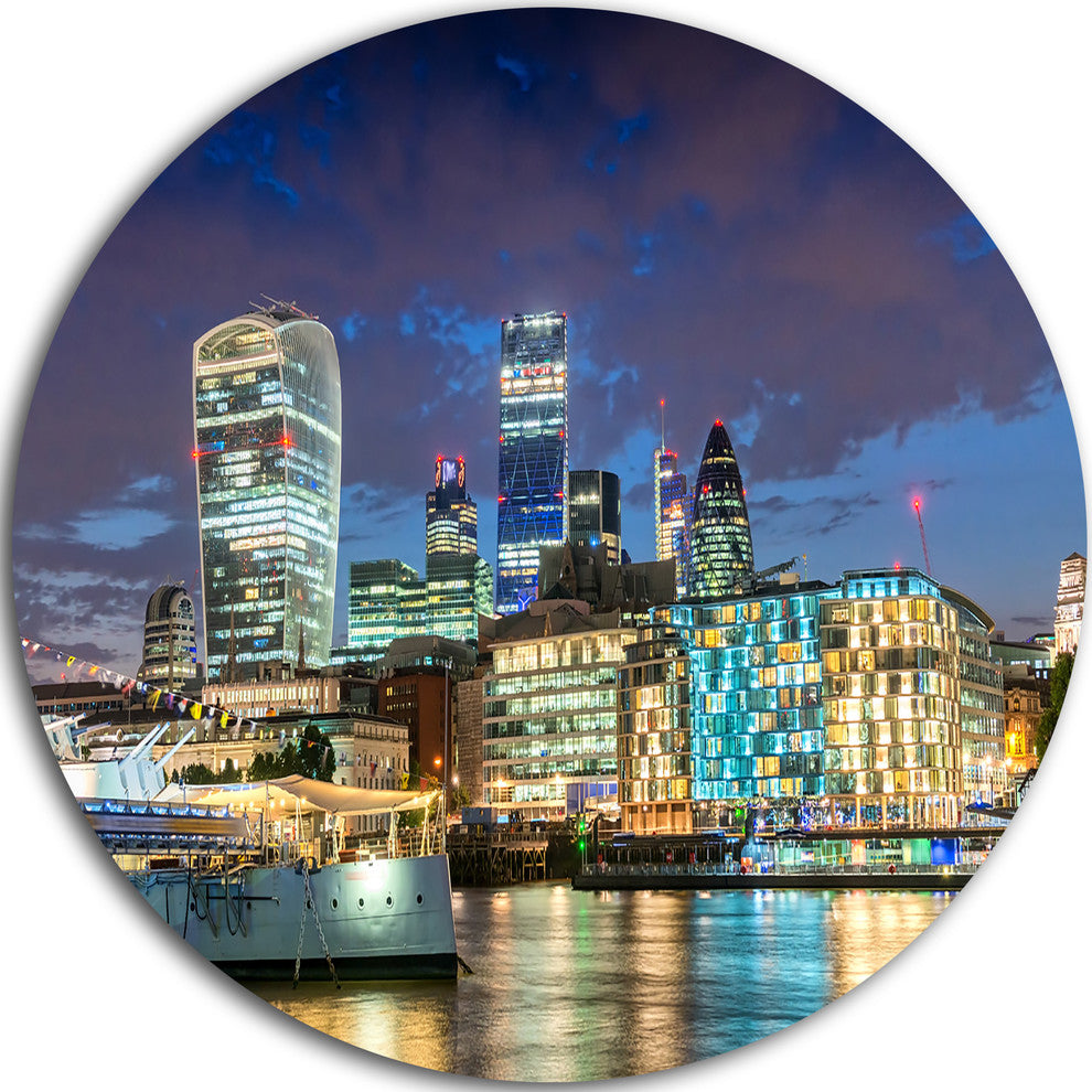 Thames River At Night, Cityscape Photography Disc Metal Wall Art, 23"