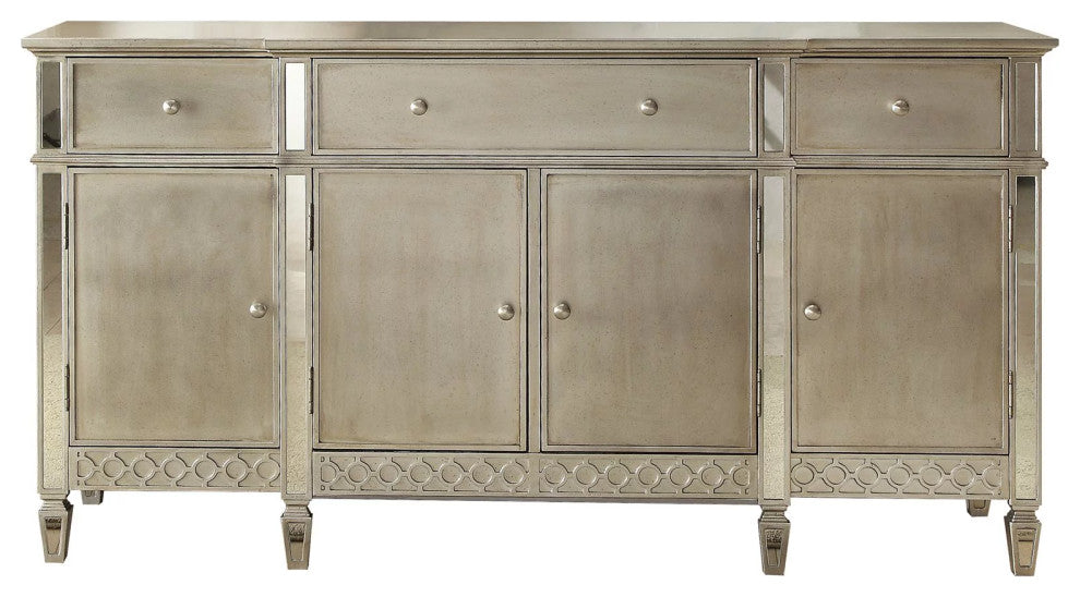 Contemporary Sideboard, Rubberwood Frame With Beveled Glass Accents, Champagne