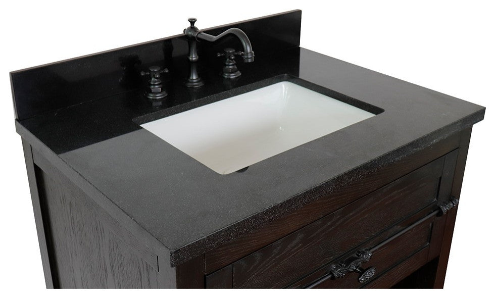30" Single Vanity, Brown Ash, Black Galaxy Top, Rectangle Sink